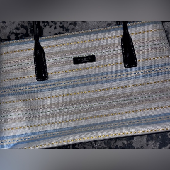 Kate Spade New York Striped Canvas Tote Bag Pastel Multi Black Handles - Picture 4 of 5